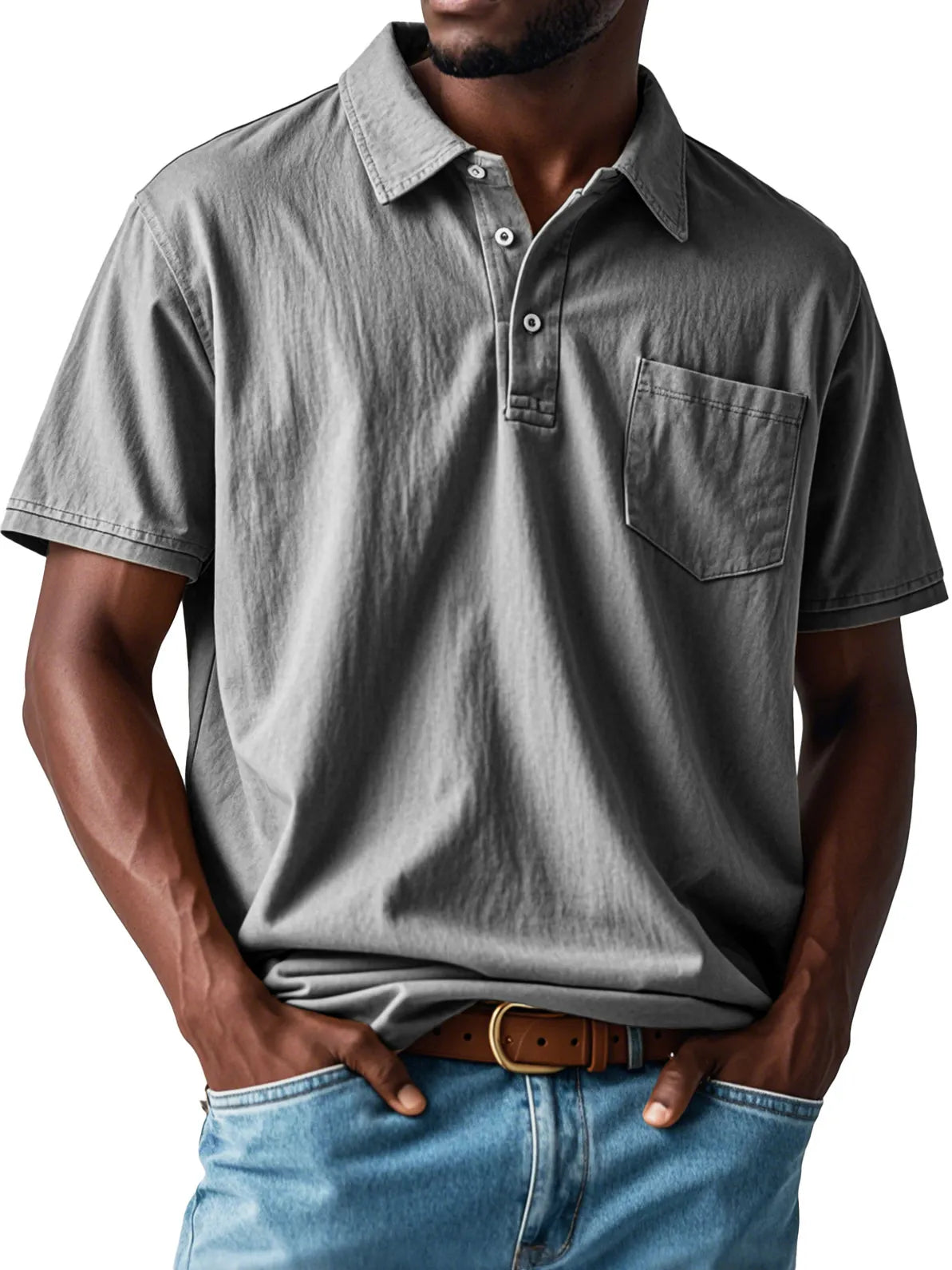 Men's Retro Distressed Pocket Short Sleeve Lapel Polo Shirt
