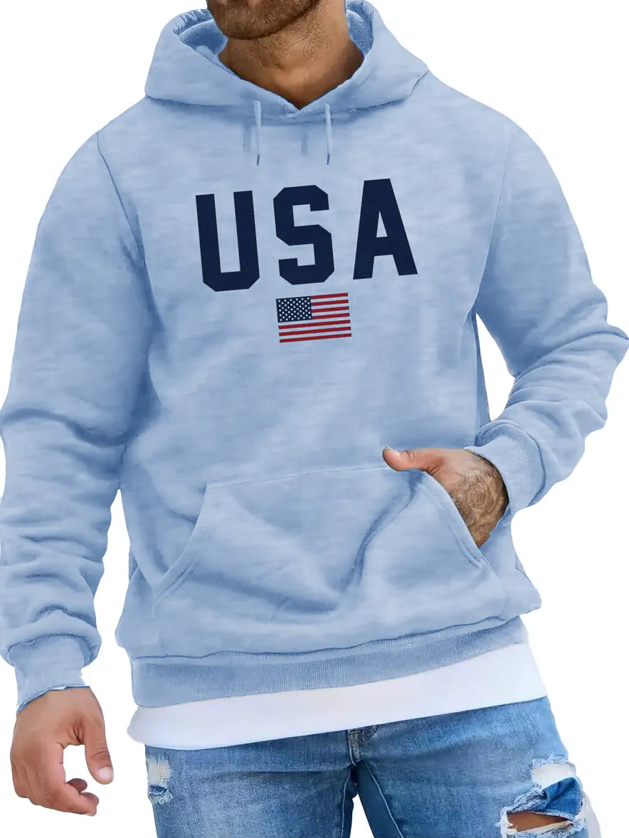 Men's Fashionable American Flag Print Pocket Long Sleeve Hoodie