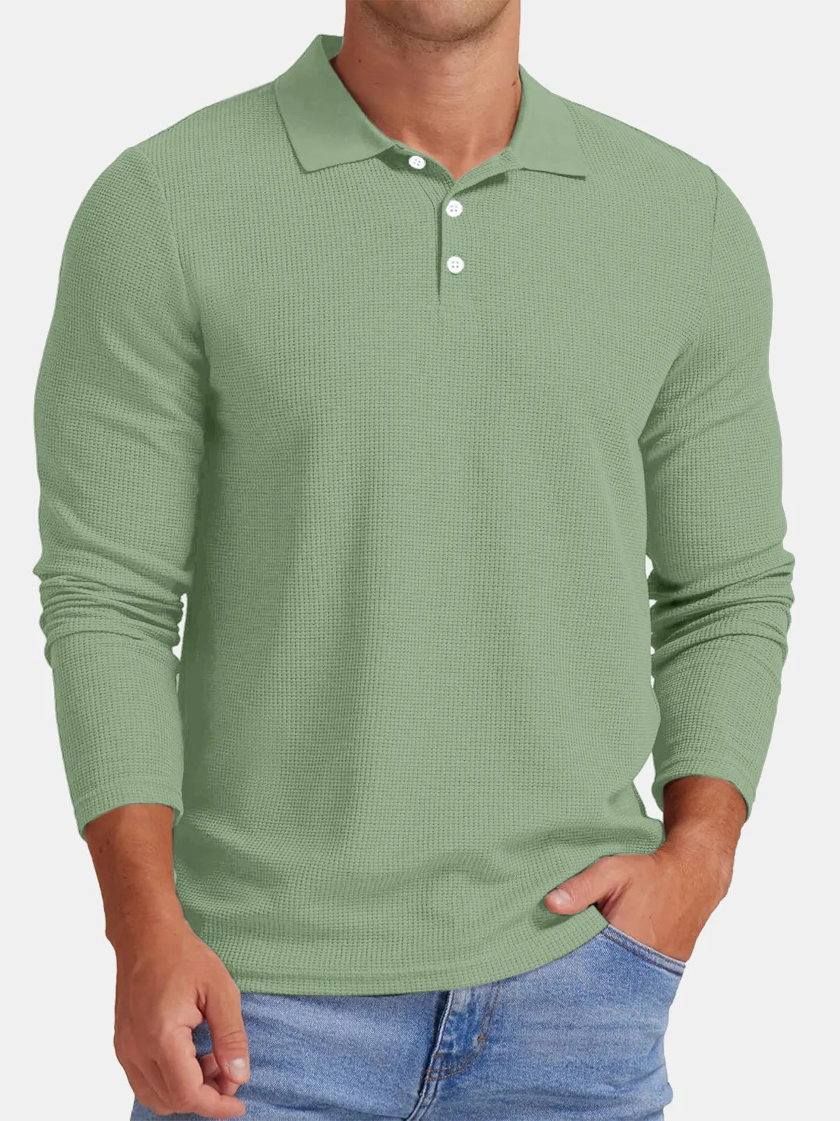 Men's Autumn Comfortable Solid Color Waffle Button Long Sleeve Polo Shirt