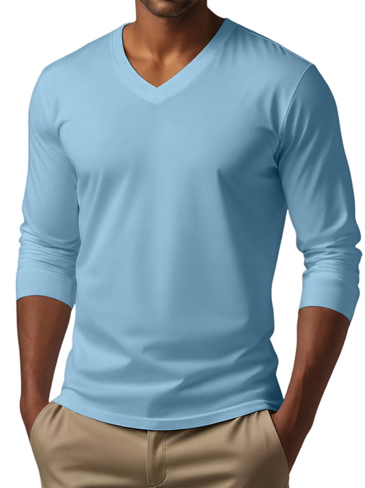 Men's V-neck casual solid color long-sleeved T-shirt