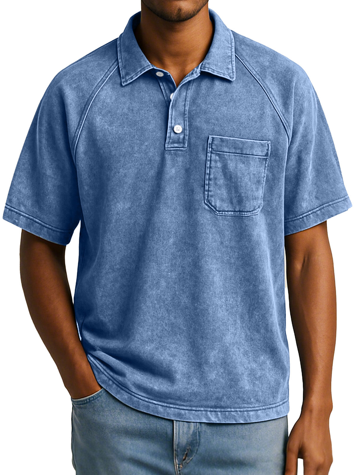 Men's Retro Casual Raglan Short Sleeve Lapel Button Up Polo Shirt