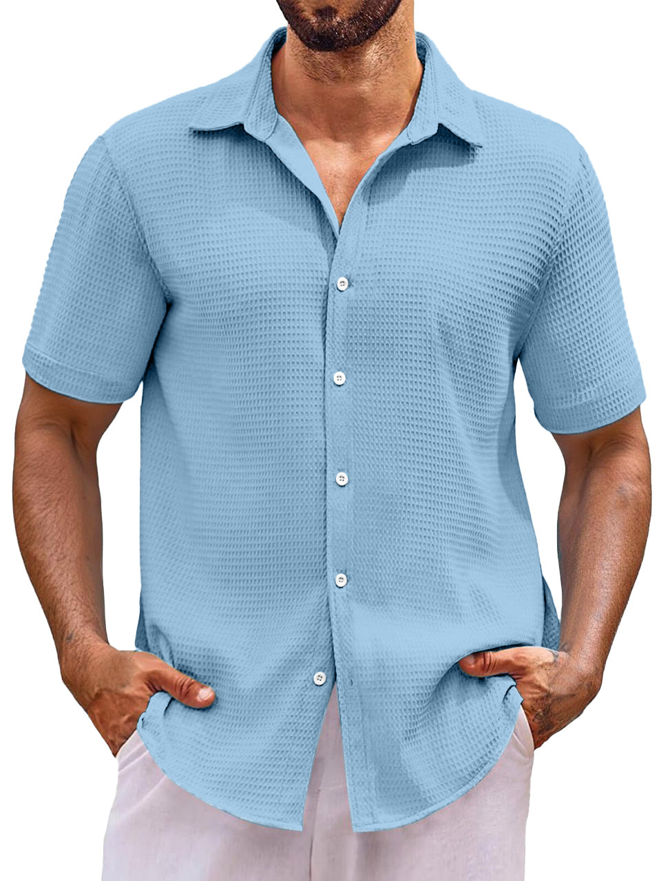 Men's Everyday Loose Solid Color Waffle Short Sleeve Shirt