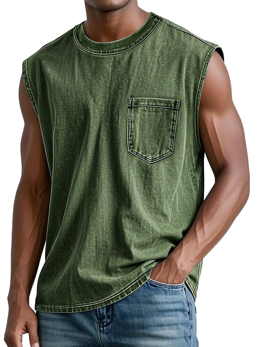 Men's Retro Washed Cotton Casual Round Neck Pocket Fashion Sleeveless Vest