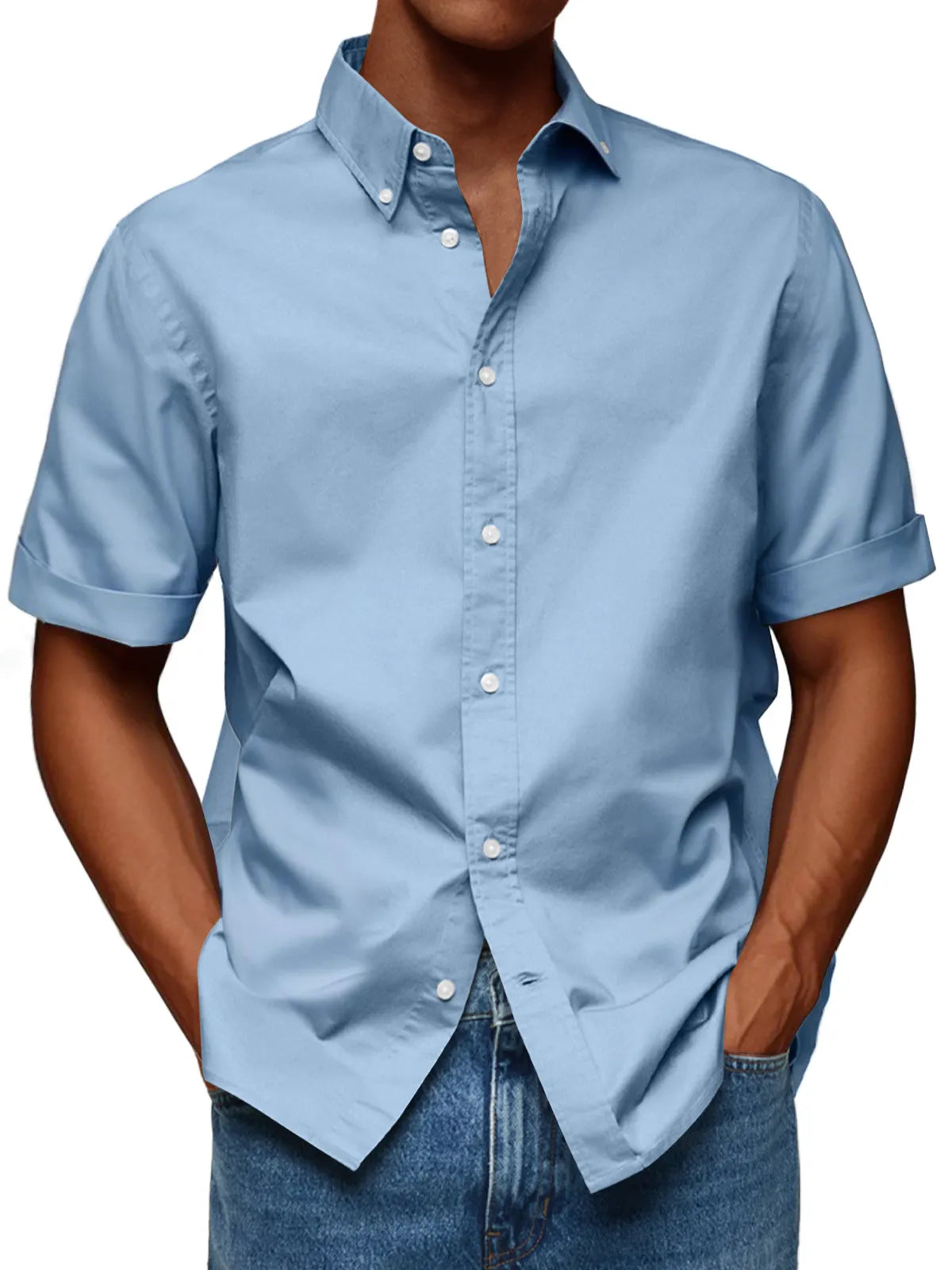 Men's Fashion Casual Lapel Solid Color Comfortable Short Sleeve Shirt