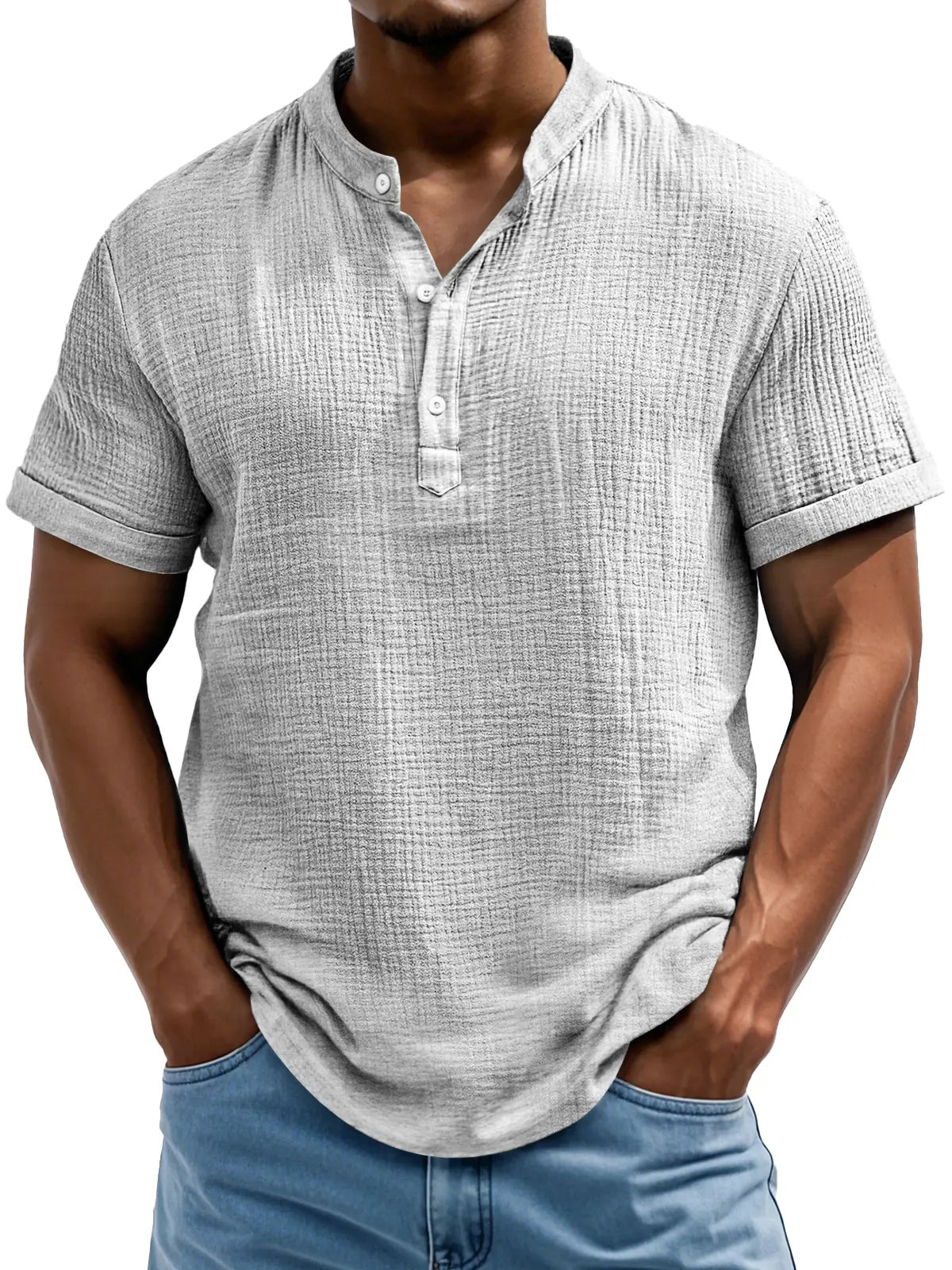 Men's Daily Casual Textured Half-Placket Henley Short Sleeve Shirt