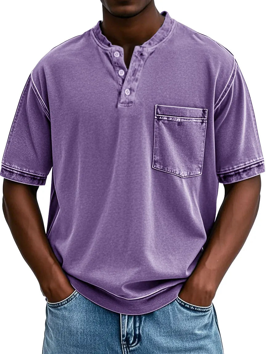 Men's Fashion Retro Round Neck Pocket Short Sleeve Henley Shirt