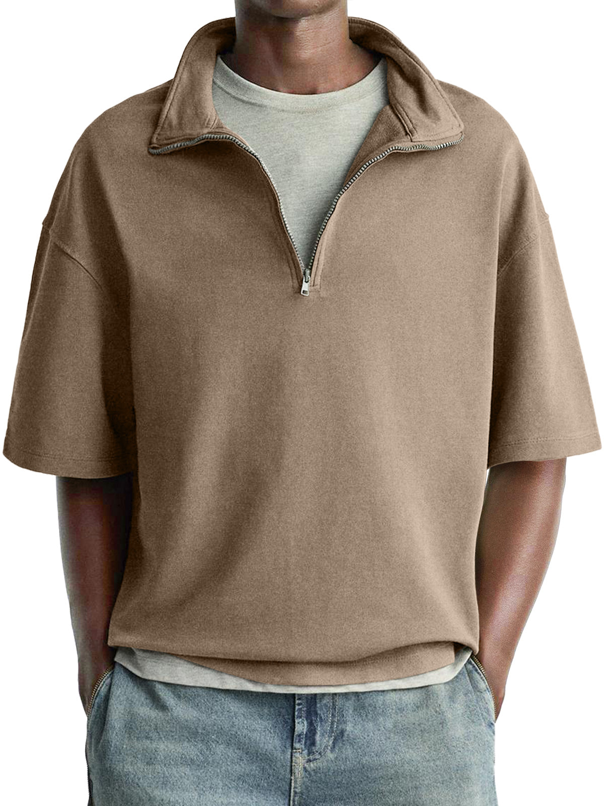 Men's Daily Casual Stand Collar Zipper Comfortable Short-sleeved T-shirt