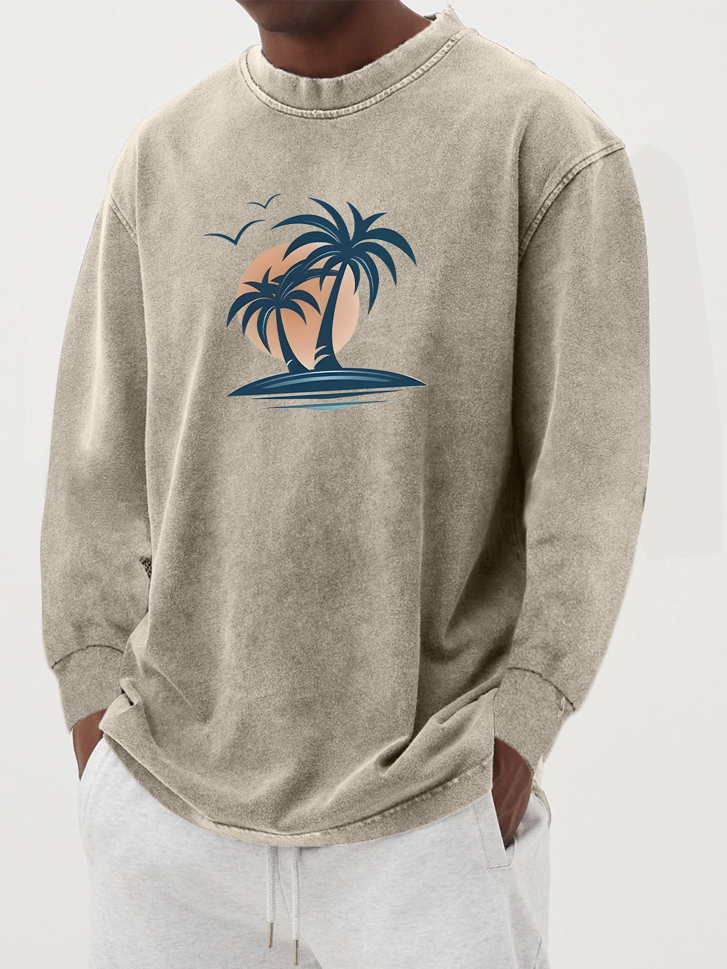 Men's Washed And Distressed 100% Palm Tree Print Long-sleeved T-shirt