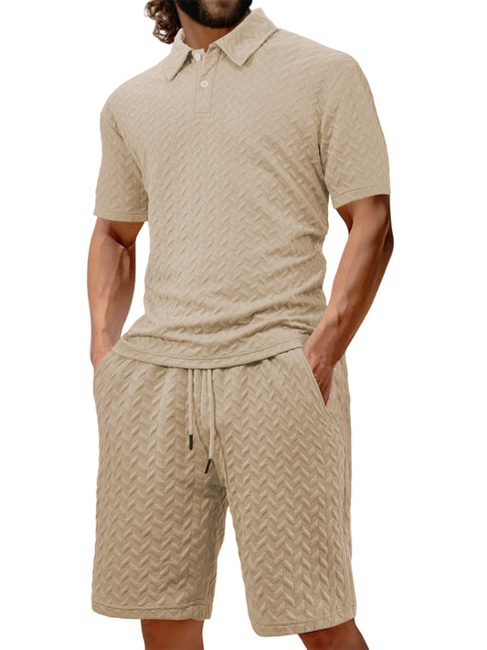 Men's Jacquard Texture Holiday Casual Polo Shirt Lapel Short-sleeved Shorts Suit