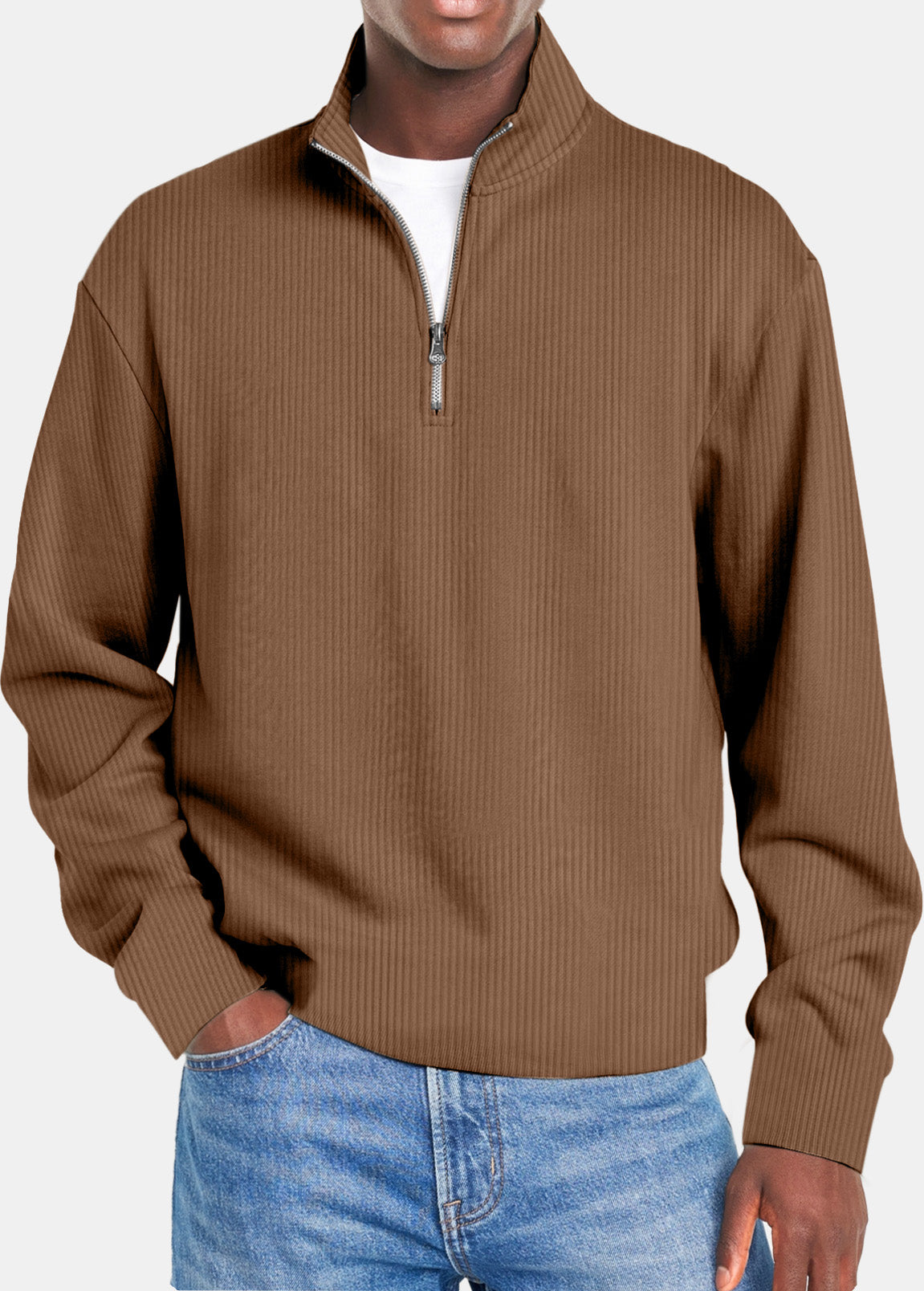 Men's Autumn and Winter Simple Vertical Strip Comfortable Zipper Long-sleeved Polo Shirt