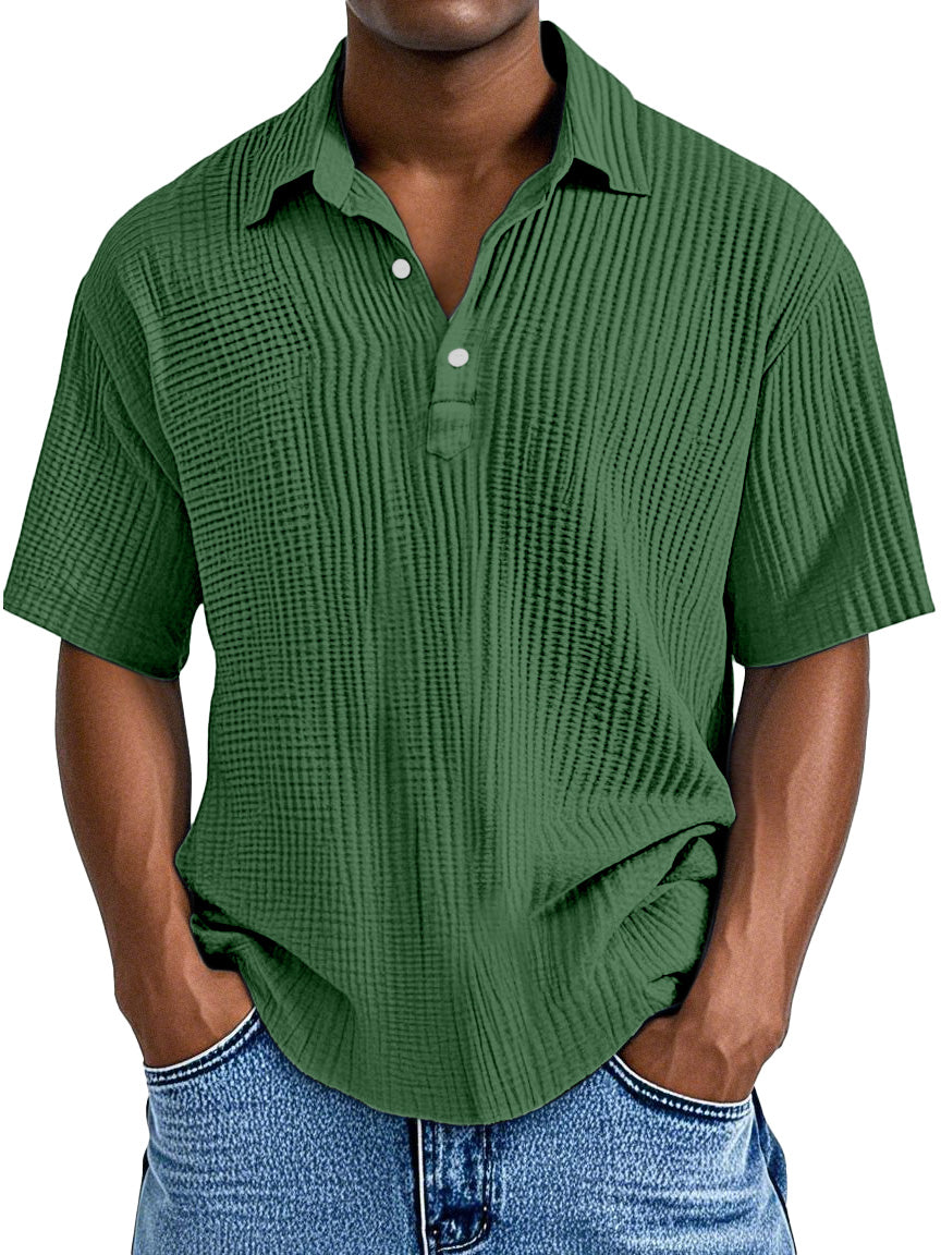 Men's Simple Daily Loose Pleated Texture Short Sleeve Lapel Polo Shirt