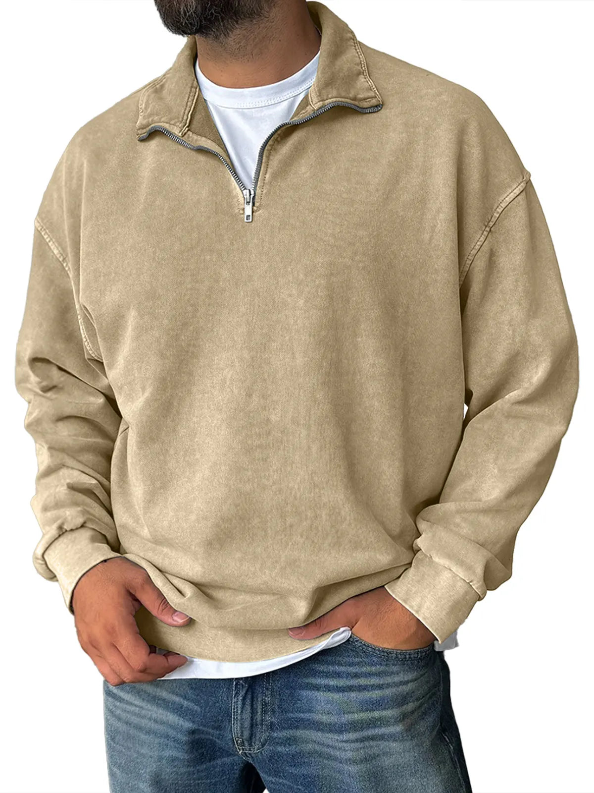 Men's Fashionable Retro Half-zip Stand Collar Casual Sweatshirt