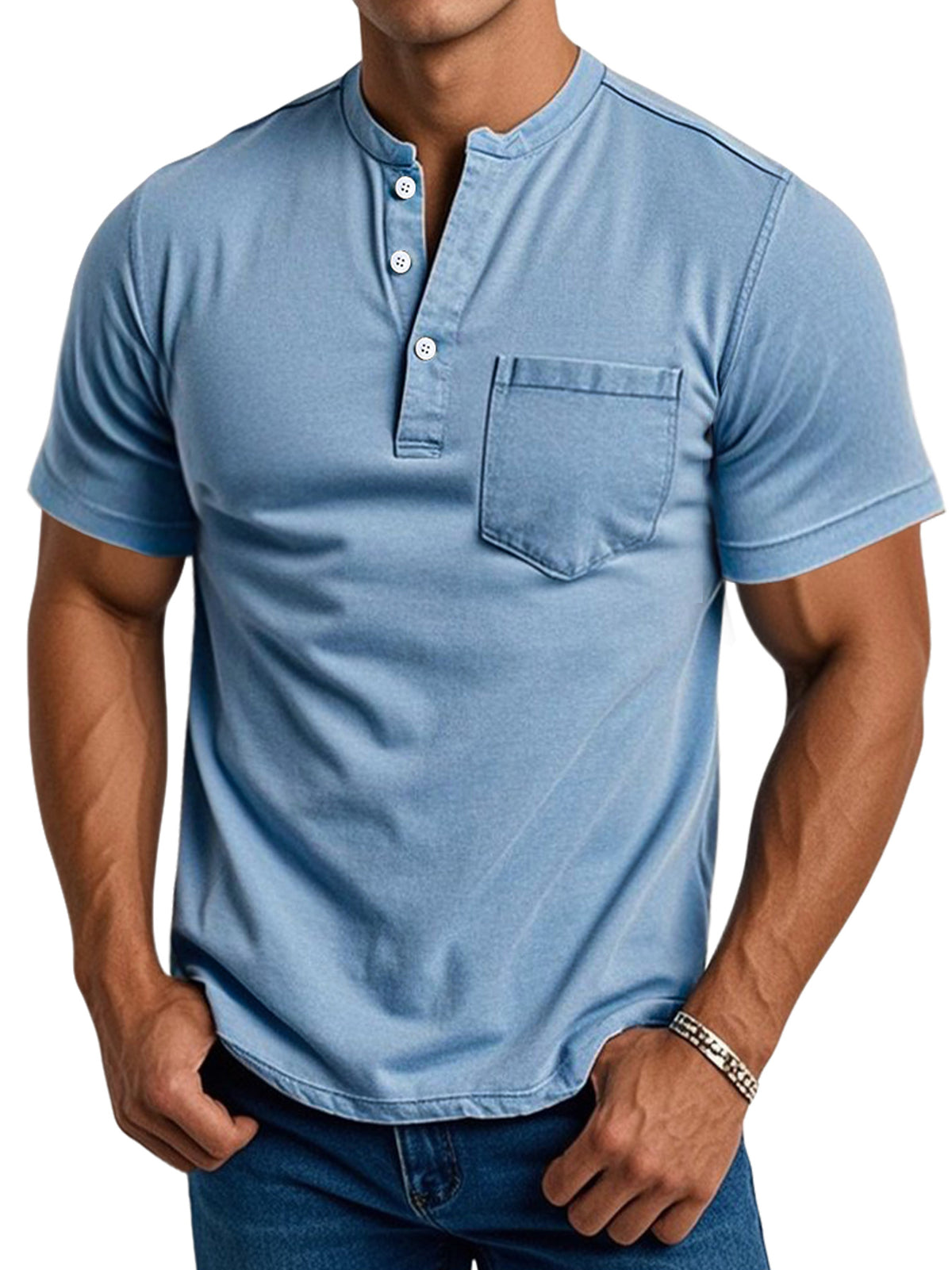 Men's Daily Casual Pocket Stand Collar Short Sleeve Comfortable Henley Shirt