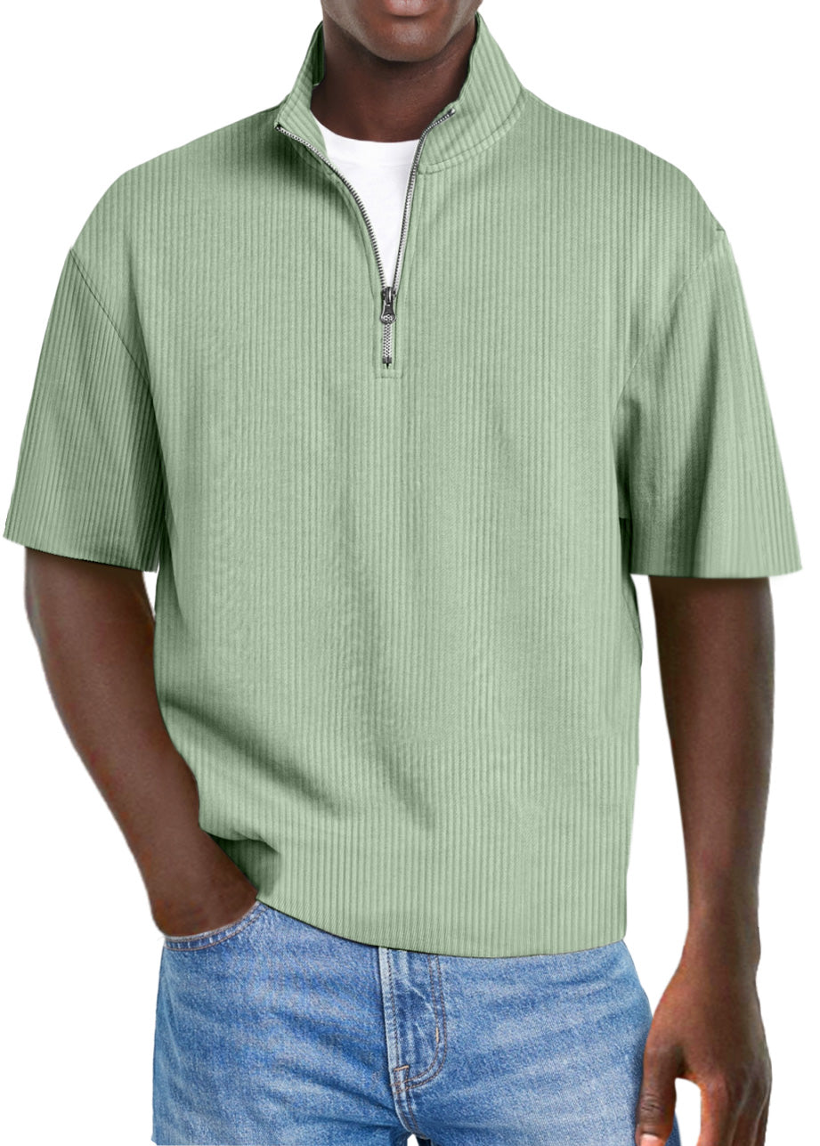 Men's Casual Solid Color Pit Collar Stand Collar Zipper Short Sleeve Polo Shirt