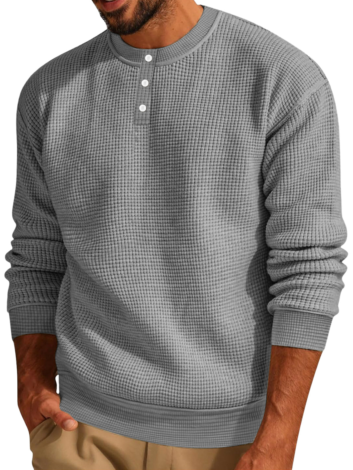 Men's Casual Waffle Solid Button Up Long Sleeve Henley