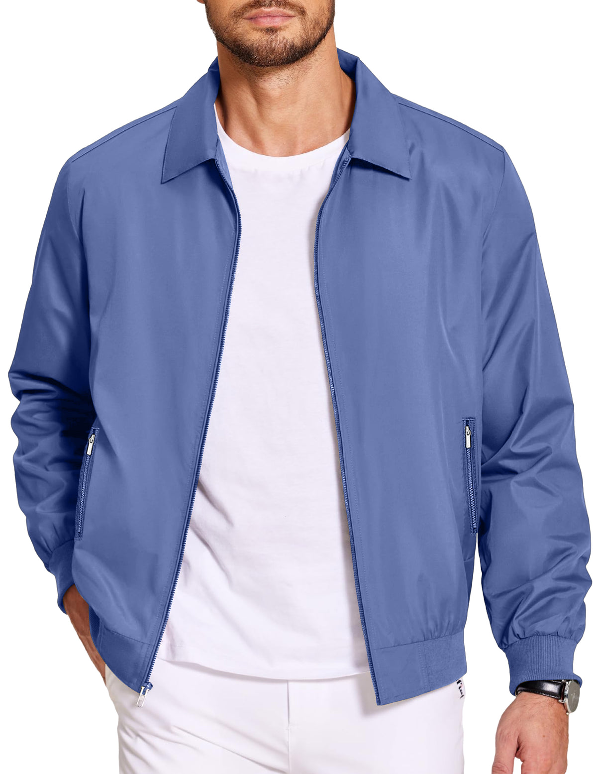 Men's Lightweight Jackets Casual Bomber Windbreaker Zip Up Collared Jacket Golf Windproof Coat