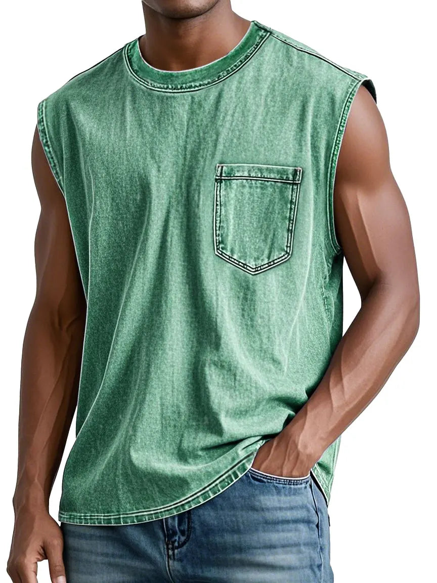 Men's Retro Washed Cotton Casual Round Neck Pocket Fashion Sleeveless Vest