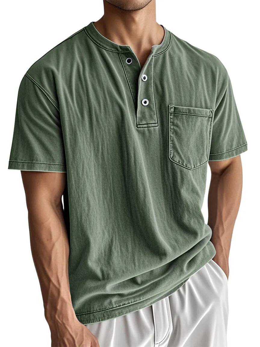 Men's Stylish Washed Distressed Cotton Vintage Casual Pocket Henley Shirt