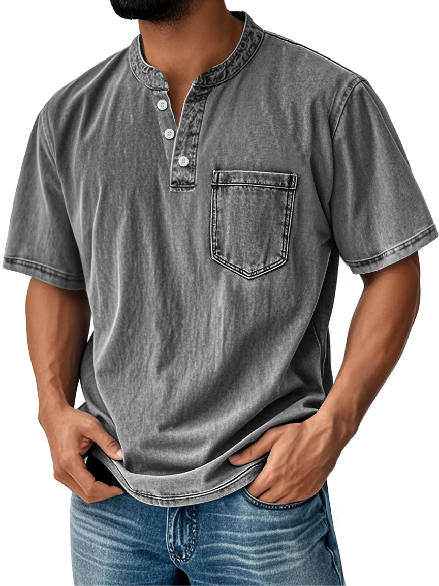 Men's Retro Stand Collar Casual Pocket Solid Color Short Sleeve Henley Shirt