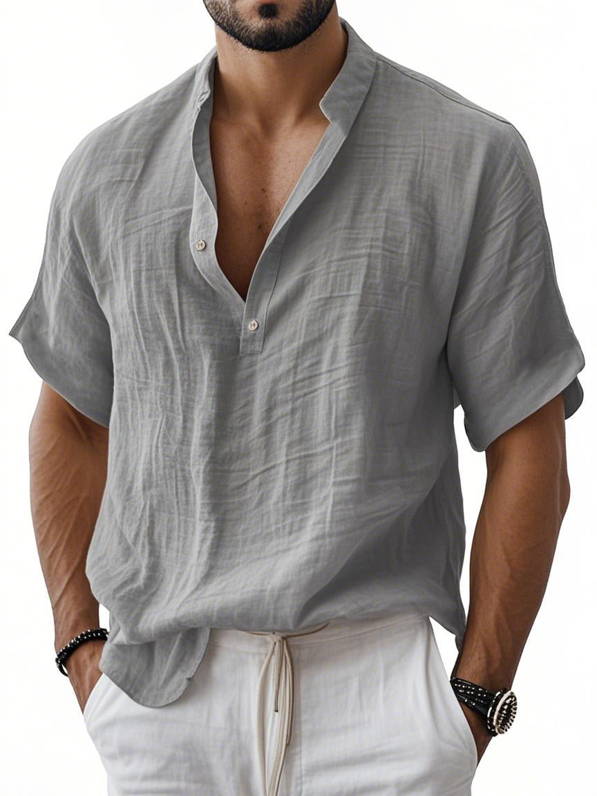 Men's Breathable Linen Henley Button Short Sleeve T-Shirt Henley Shirt