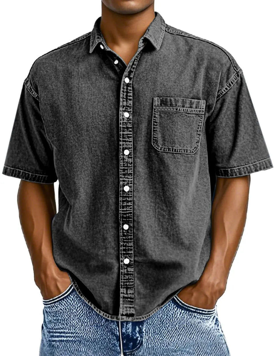 Men's Retro Solid Color Simple Lapel Button-down Short-sleeved Shirt