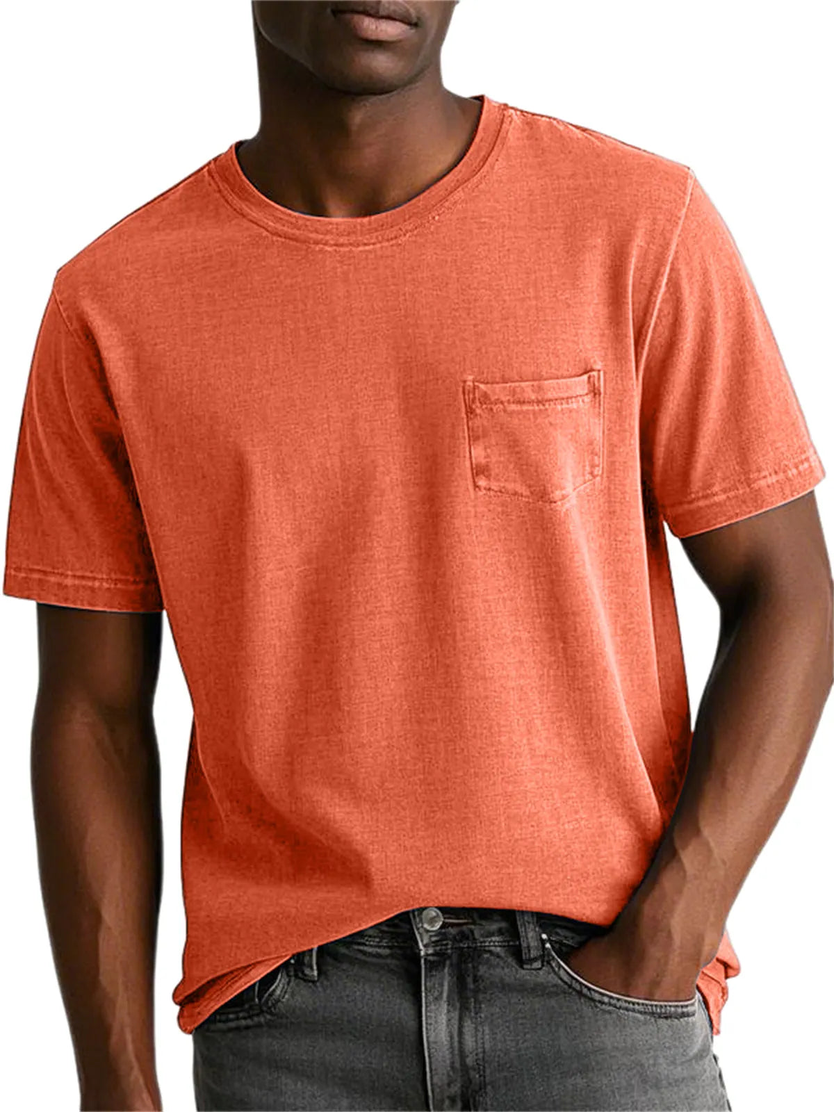 Men's 100% Cotton Washed And Distressed Retro Pocket Round Neck Short-sleeved T-shirt