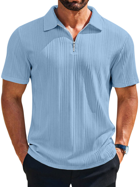 Men's casual loose solid color texture zipper short-sleeved POLO shirt