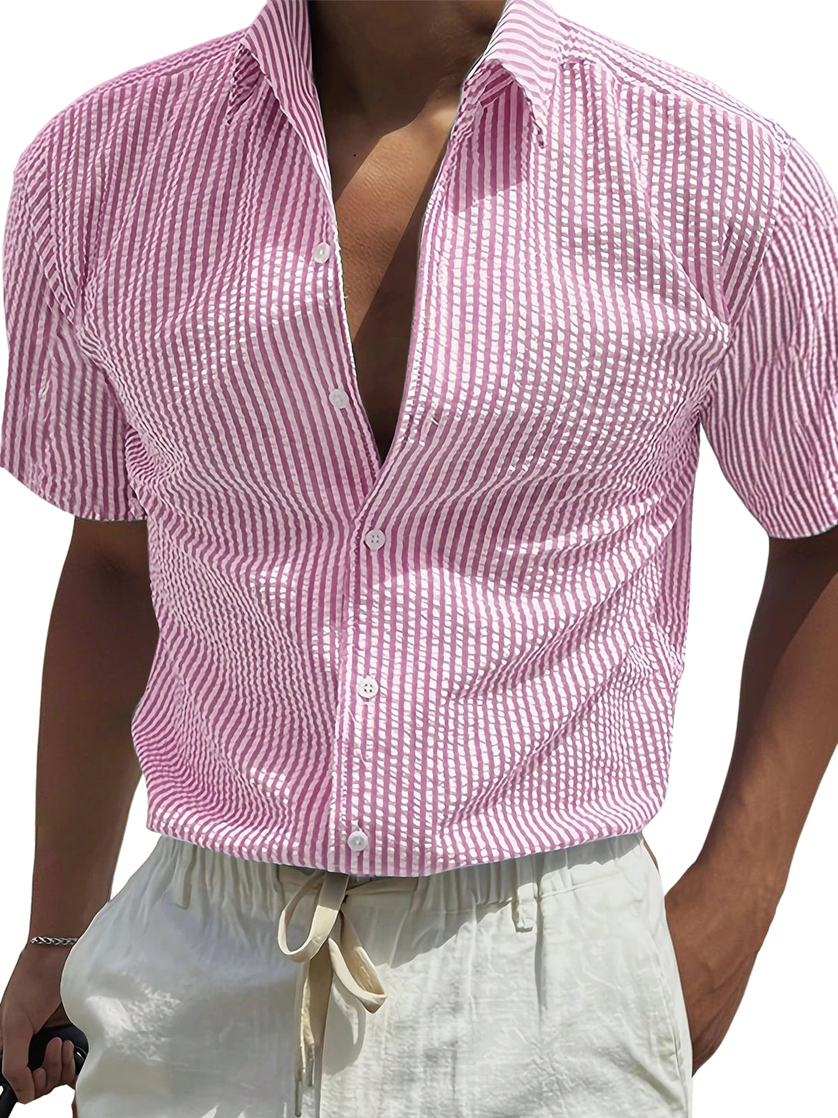 Men's Fashion Texture Striped Short-sleeved Shirt