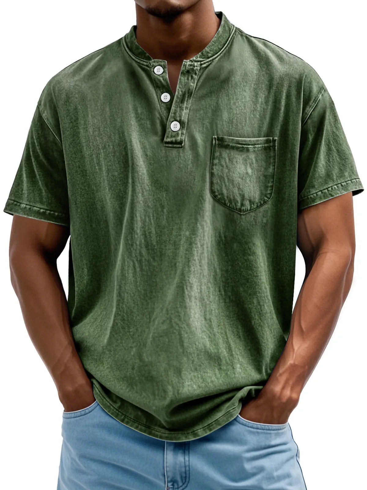 Men's Retro Stand Collar Pocket Casual Solid Color Short Sleeve Henley Shirt