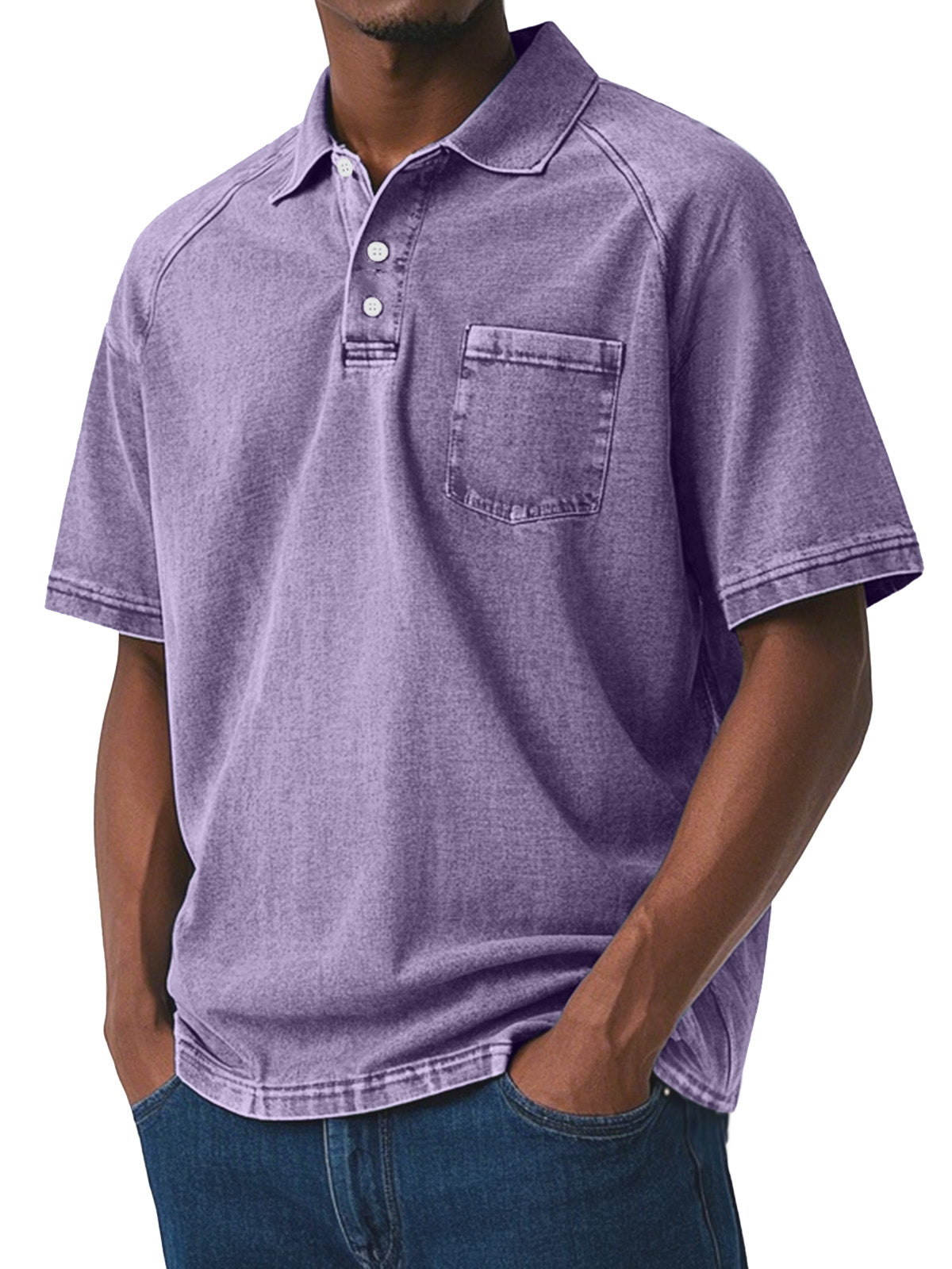 Men's Casual Retro Solid Color Comfortable Raglan Sleeve Lapel Polo Shirt