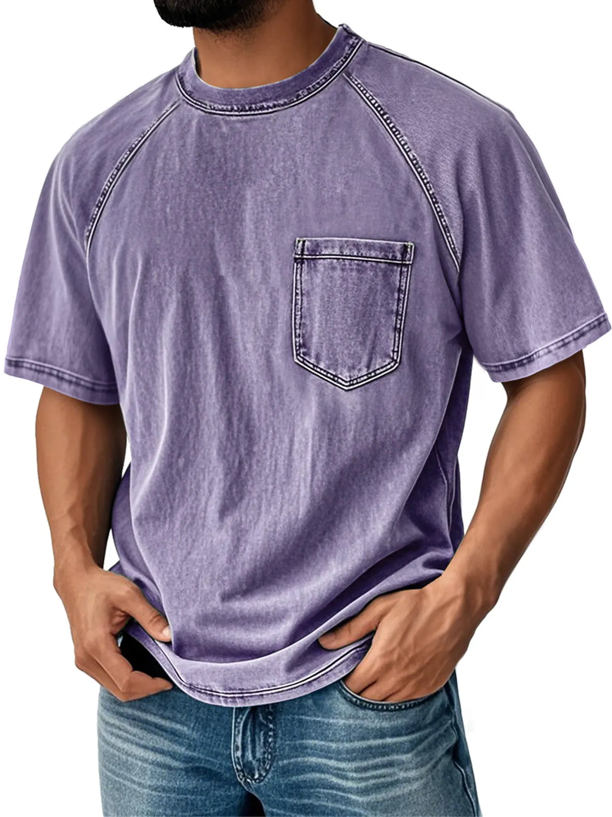 Men's Retro Round Neck Raglan Sleeve Casual Pocket Short Sleeve T-Shirt