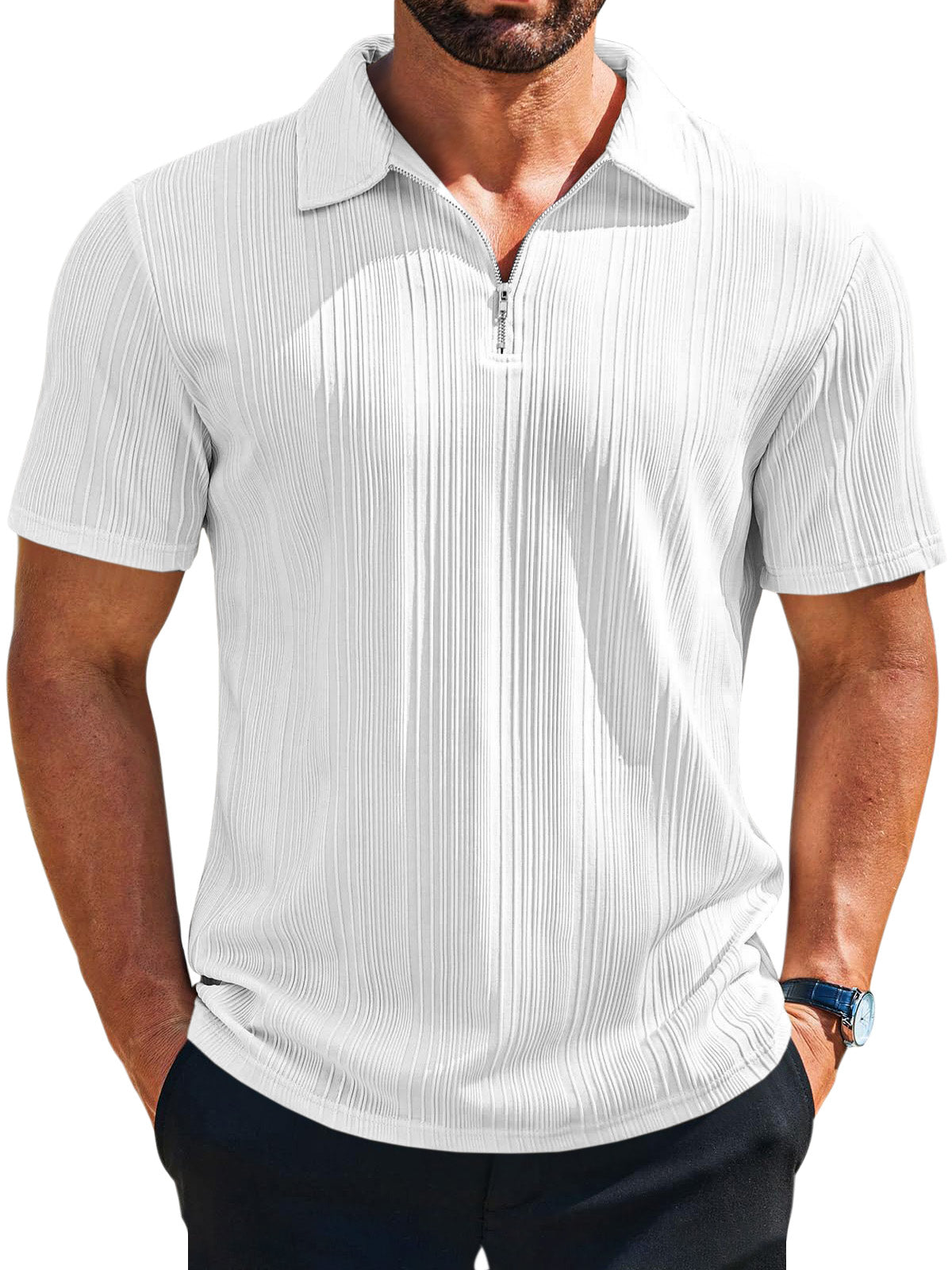 Men's casual loose solid color texture zipper short-sleeved POLO shirt