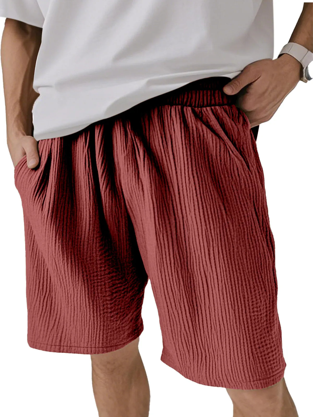 Men's Solid Color Pleated Texture Casual And Comfortable Shorts