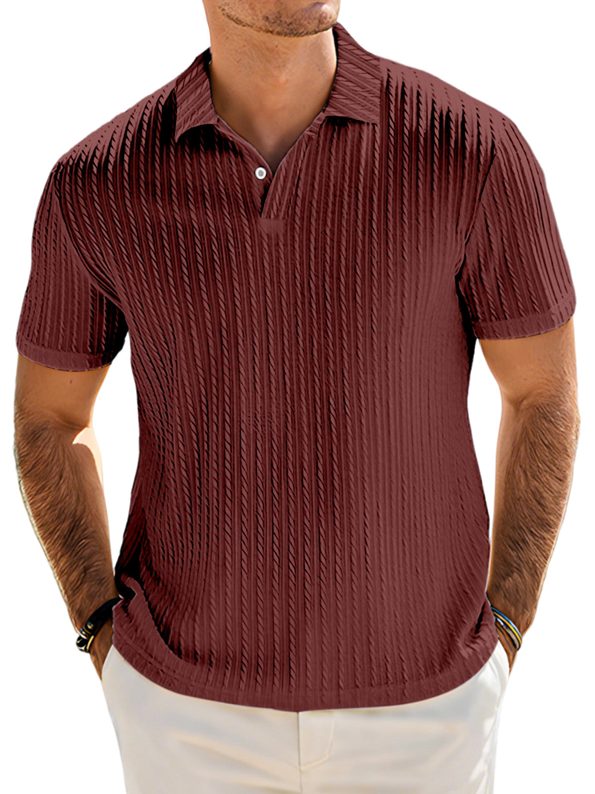 Men's Casual Solid Color Textured Lapel Button Short Sleeve Polo Shirt