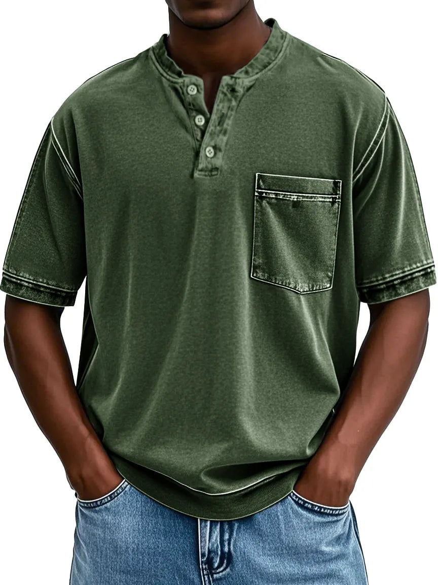 Men's Fashion Retro Round Neck Pocket Short Sleeve Henley Shirt