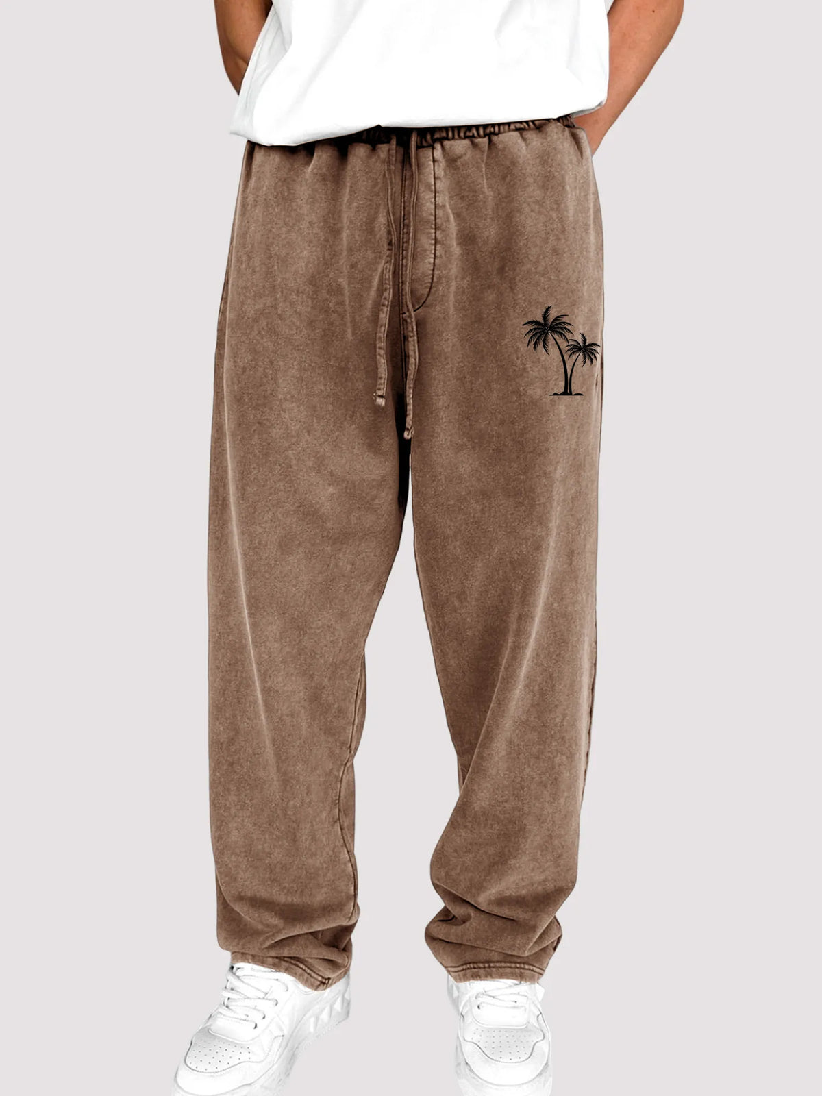 Men's Dyed Vintage Coconut Tree Printed Holiday Casual Elastic Waist Drawstring Trousers