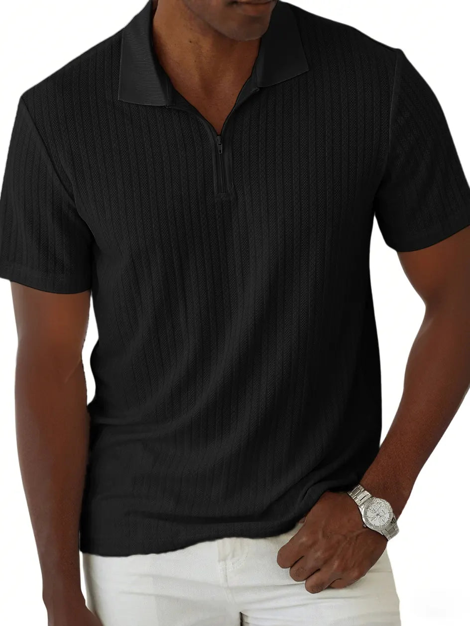 Men's Jacquard Casual Quarter Zip Lapel Short Sleeve Polo Shirt