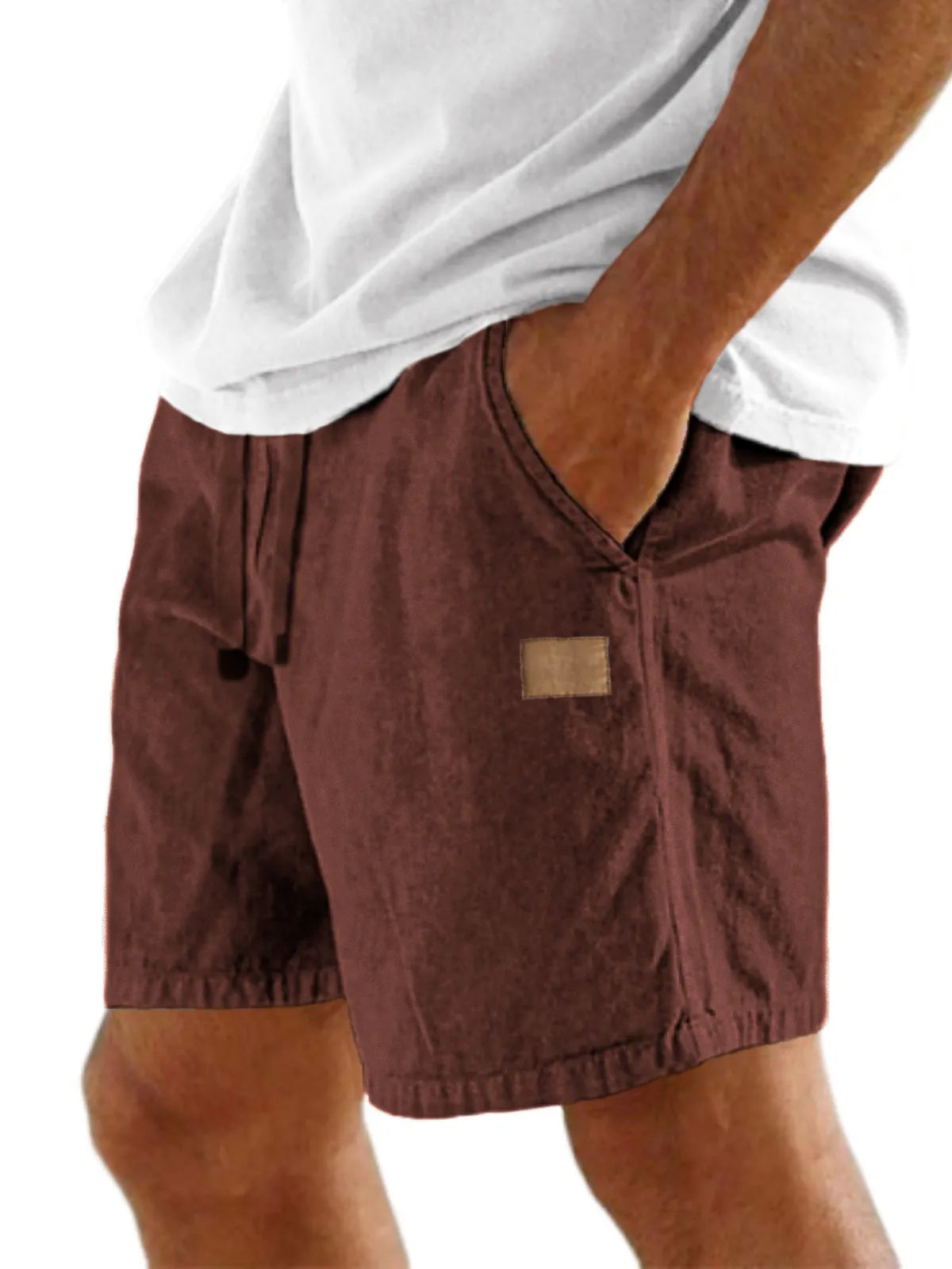 Men's Comfort Linen Embroidered Logo Holiday Casual Lace-Up Shorts with Side Pockets
