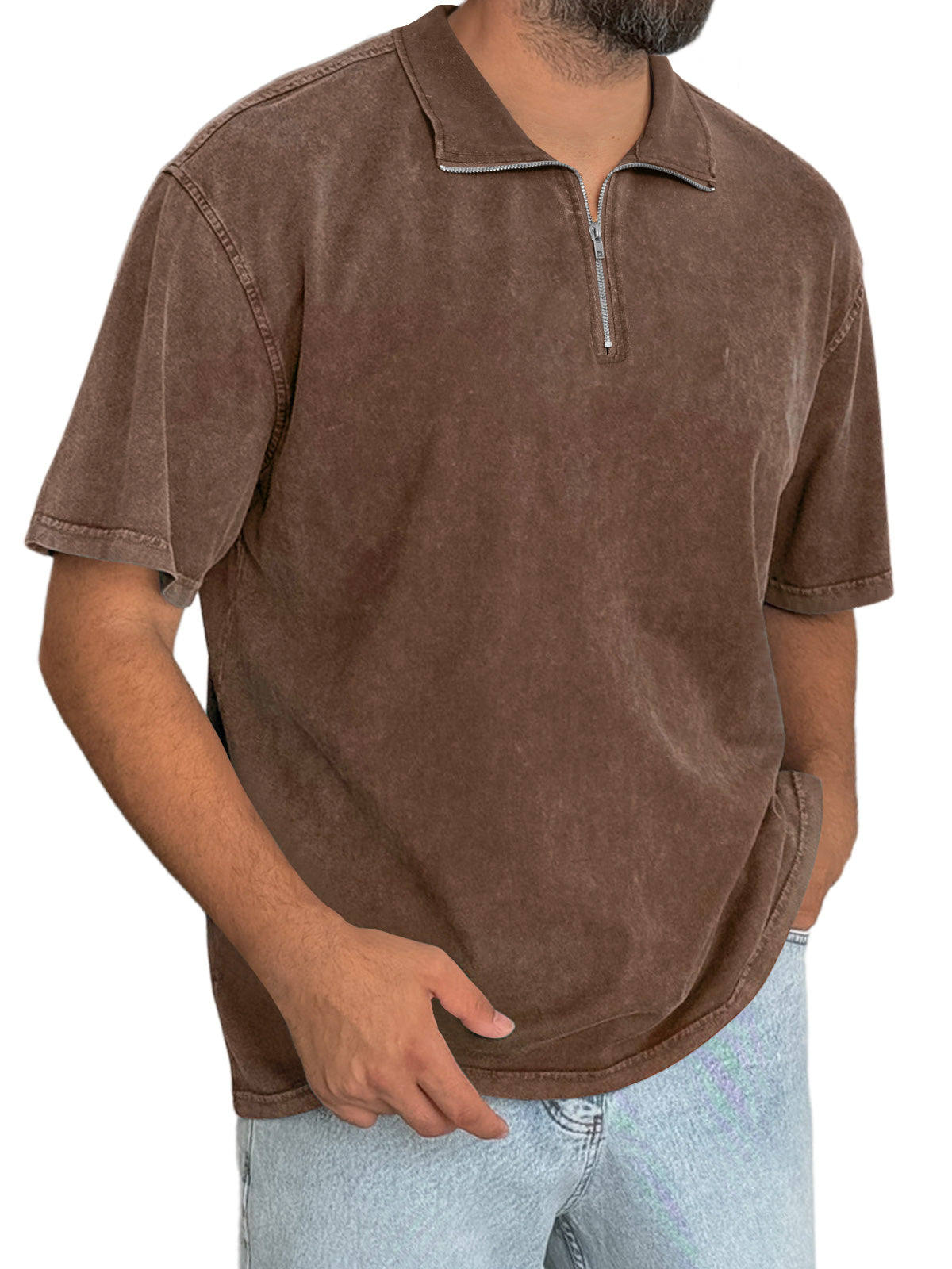 Men's Everyday Retro Stand Collar Zipper Casual Short Sleeve T-Shirt