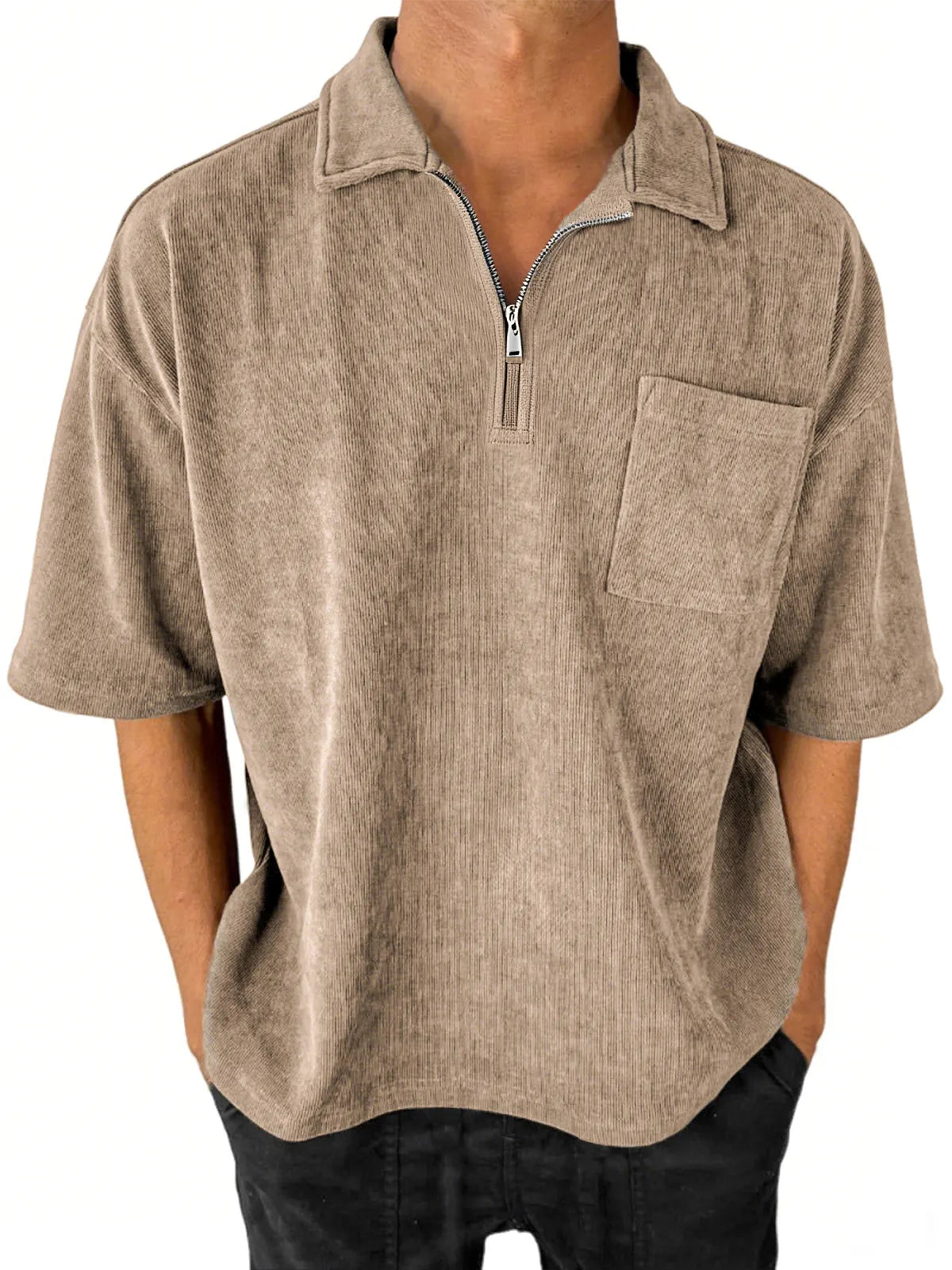 Men's Stylish Ribbed Quarter-Zip Lapel Corduroy Casual POLO Shirt With Chest Pocket