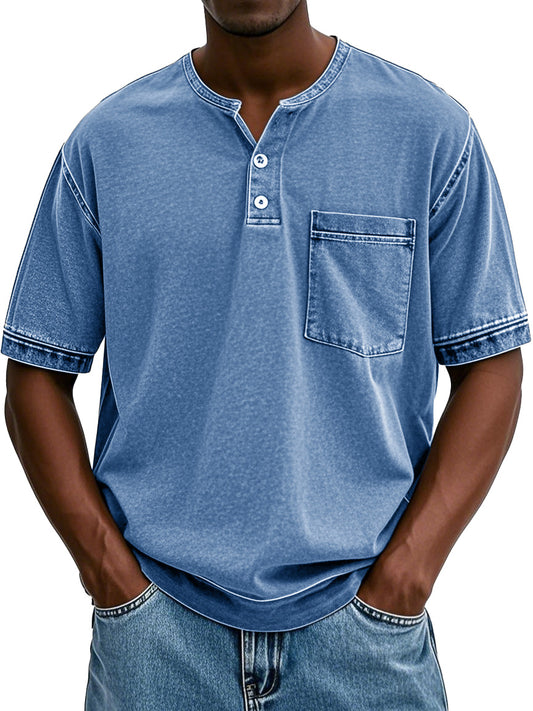 Men's Fashion Vintage Washed Pocket Short Sleeve Henley Shirt