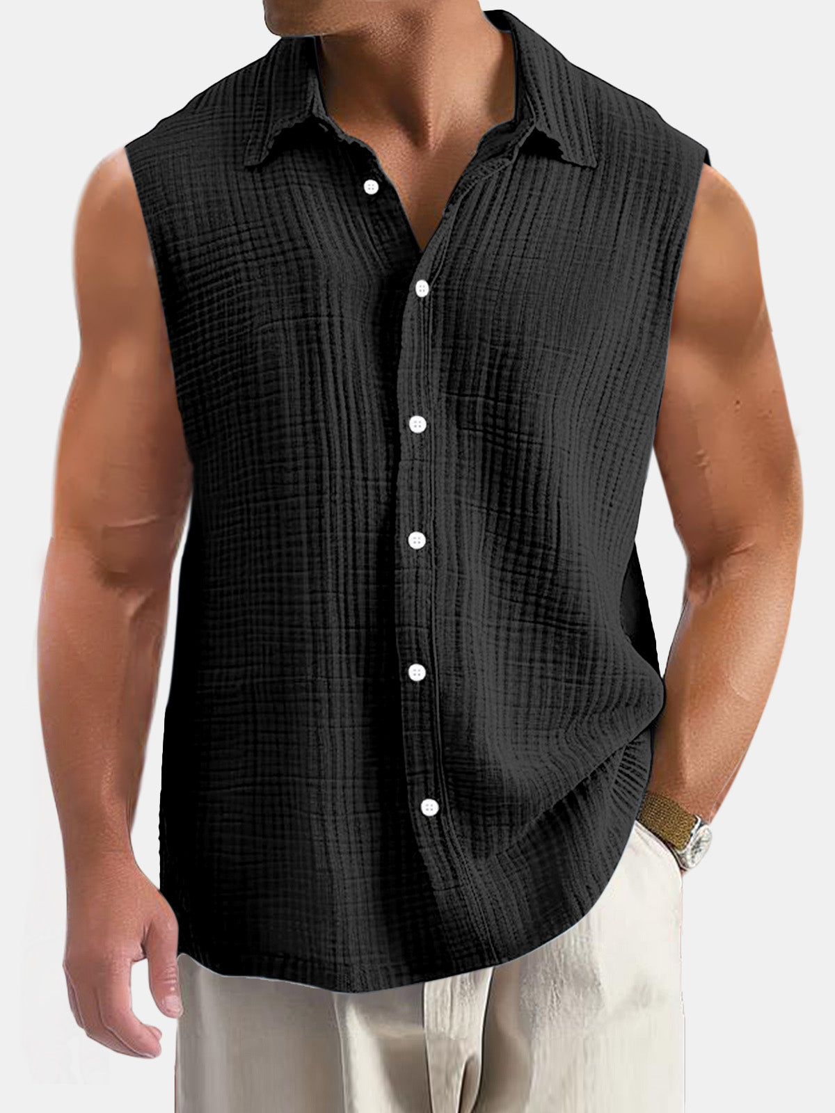 Men's Summer Casual Simple Puff Wrinkle Sleeveless Shirt