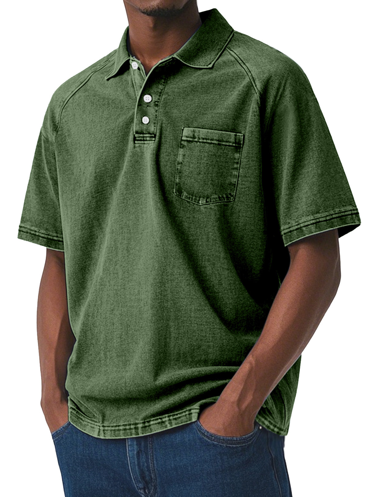 Men's Casual Retro Solid Color Comfortable Raglan Sleeve Lapel Polo Shirt
