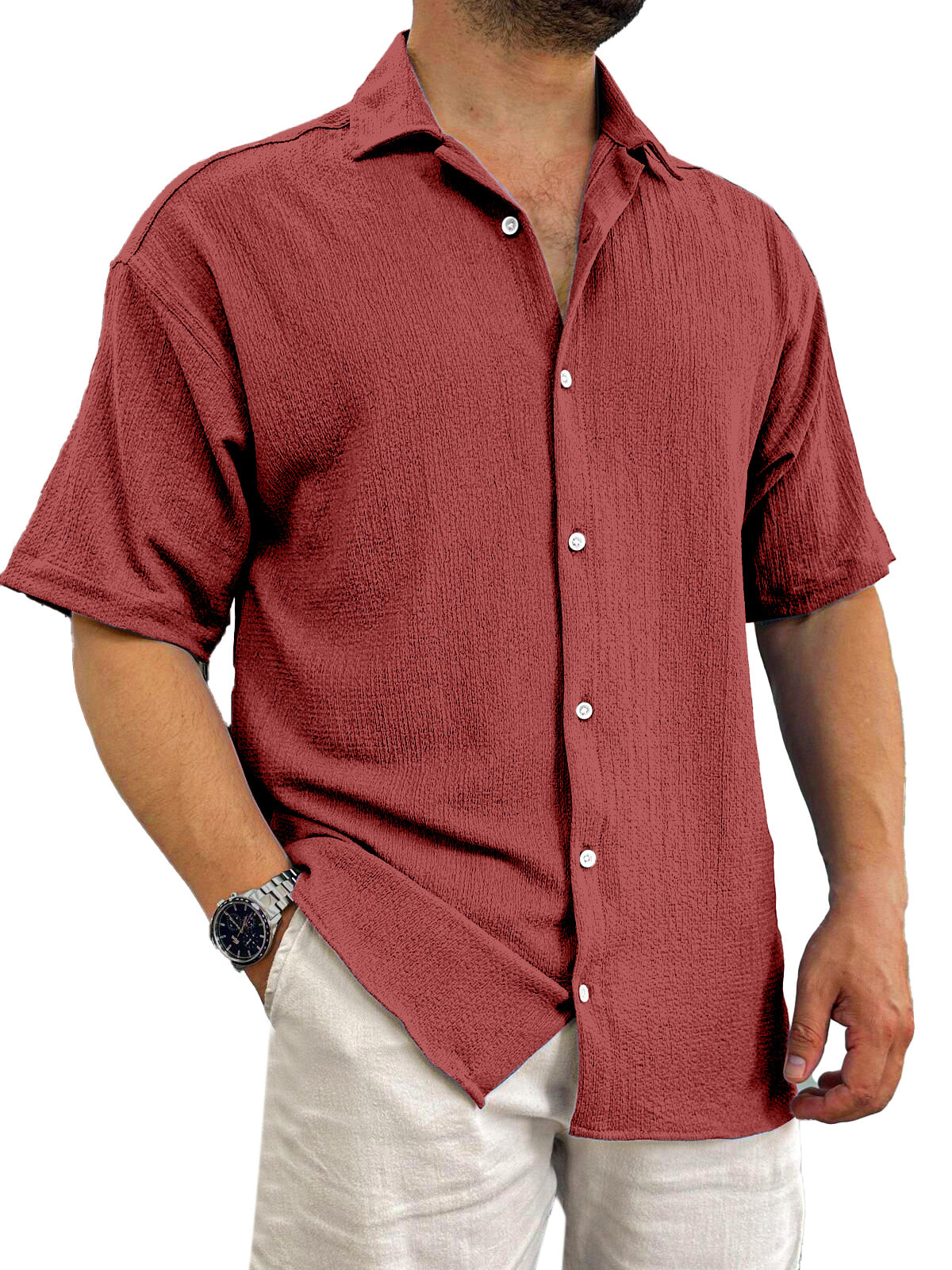Men's Casual Daily Solid Color Texture Solid Color Short-sleeved Shirt