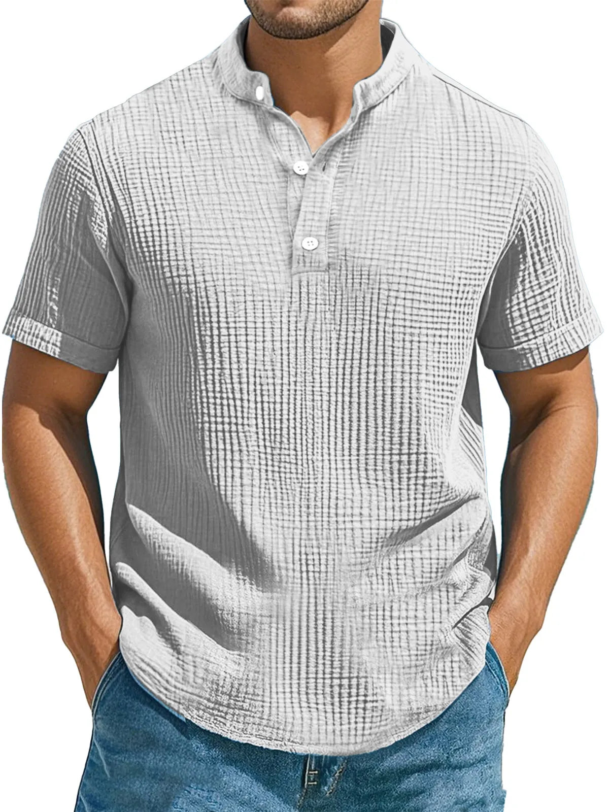 Men's Casual Solid Color Pleated Texture Short-sleeved Stand Collar Henley Shirt
