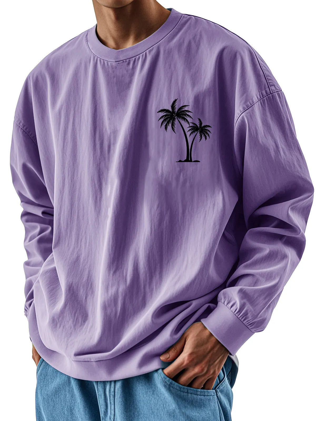 Men's Fashion Casual Round Neck Coconut Tree Print Long Sleeve T-shirt