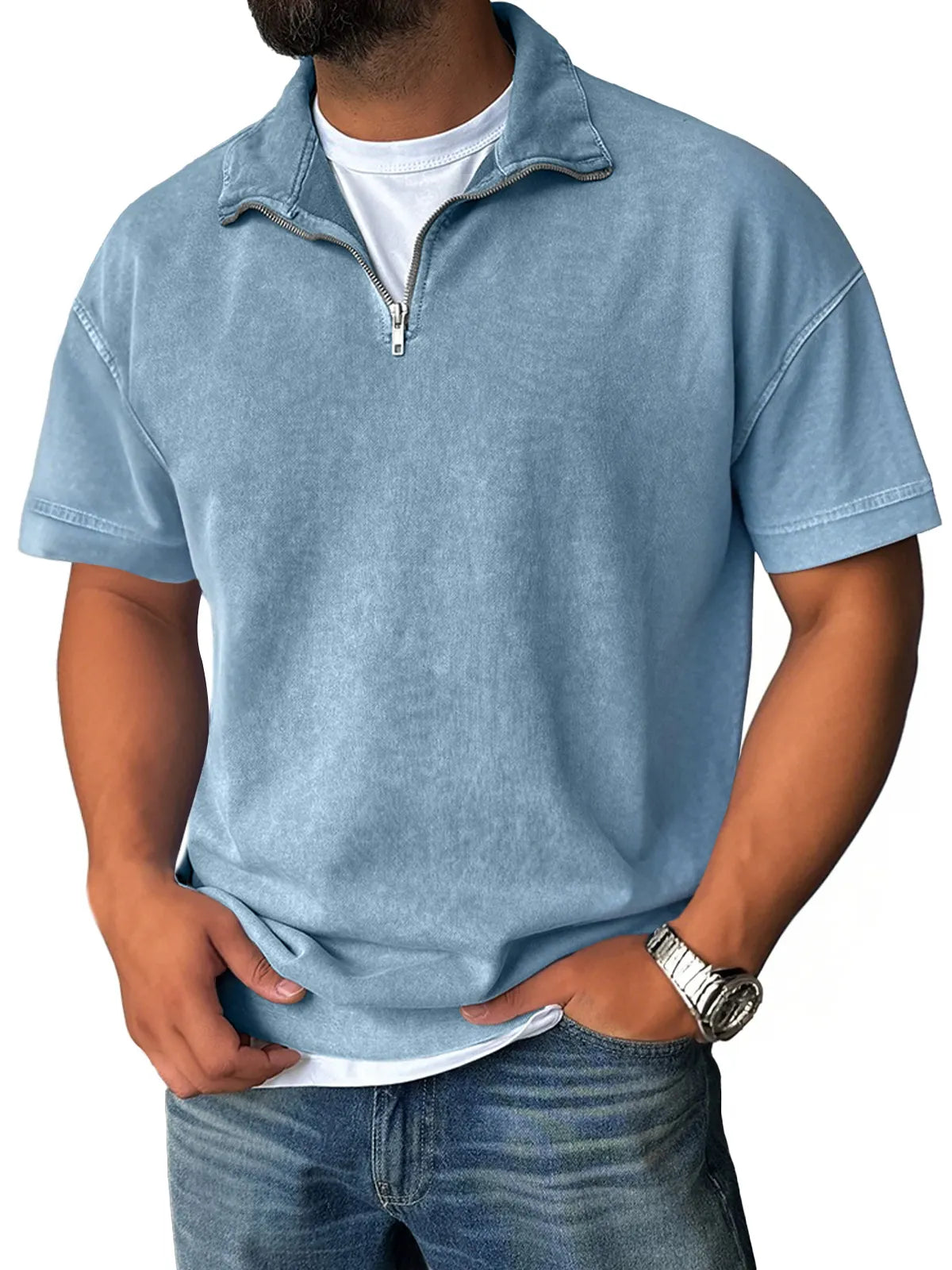 Men's Retro Stand Collar Zipper Casual Solid Color Short Sleeve T-Shirt