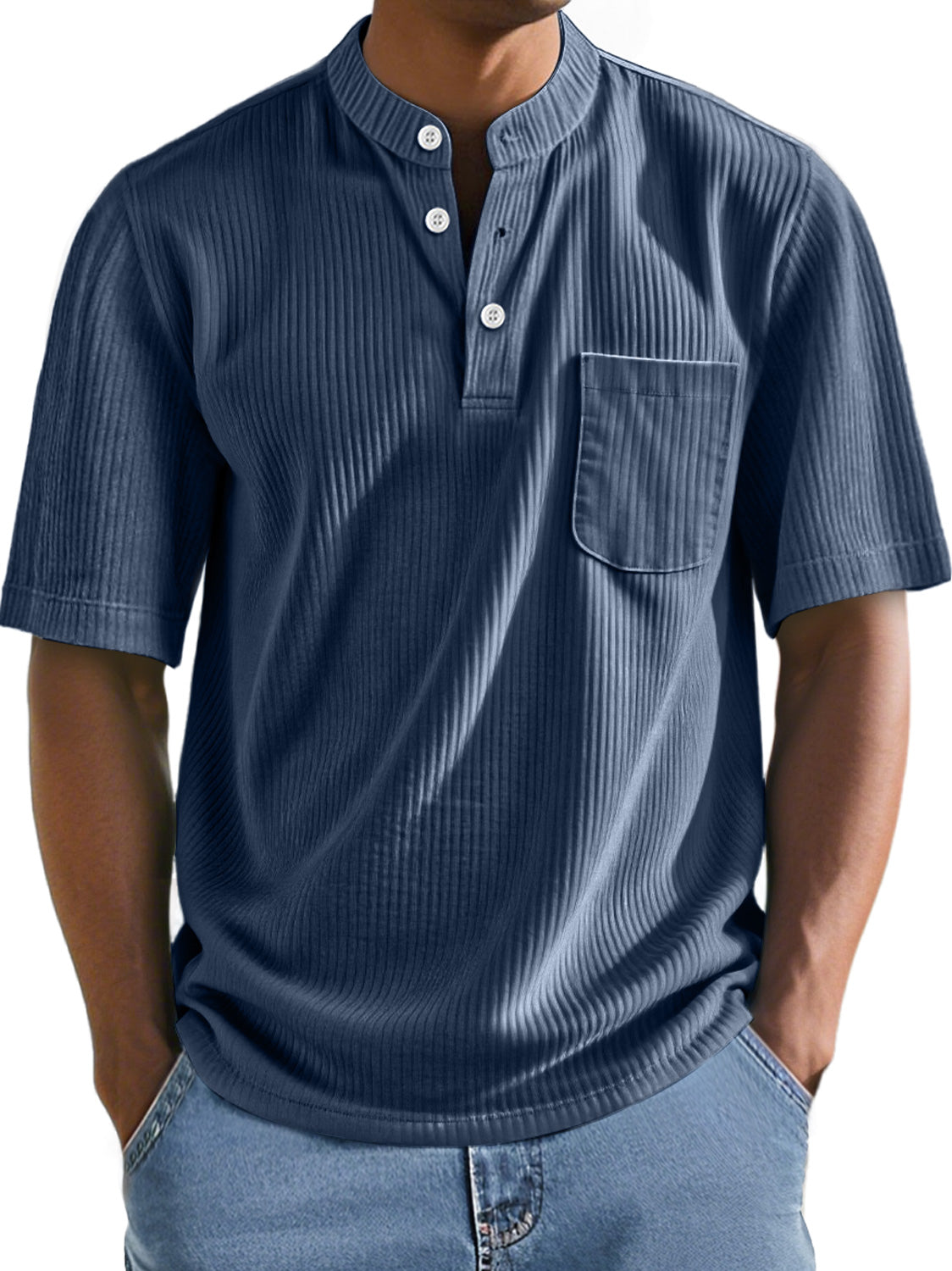 Men's Everyday Stand Collar Ribbed Pocket Comfort Short Sleeve Henley Shirt