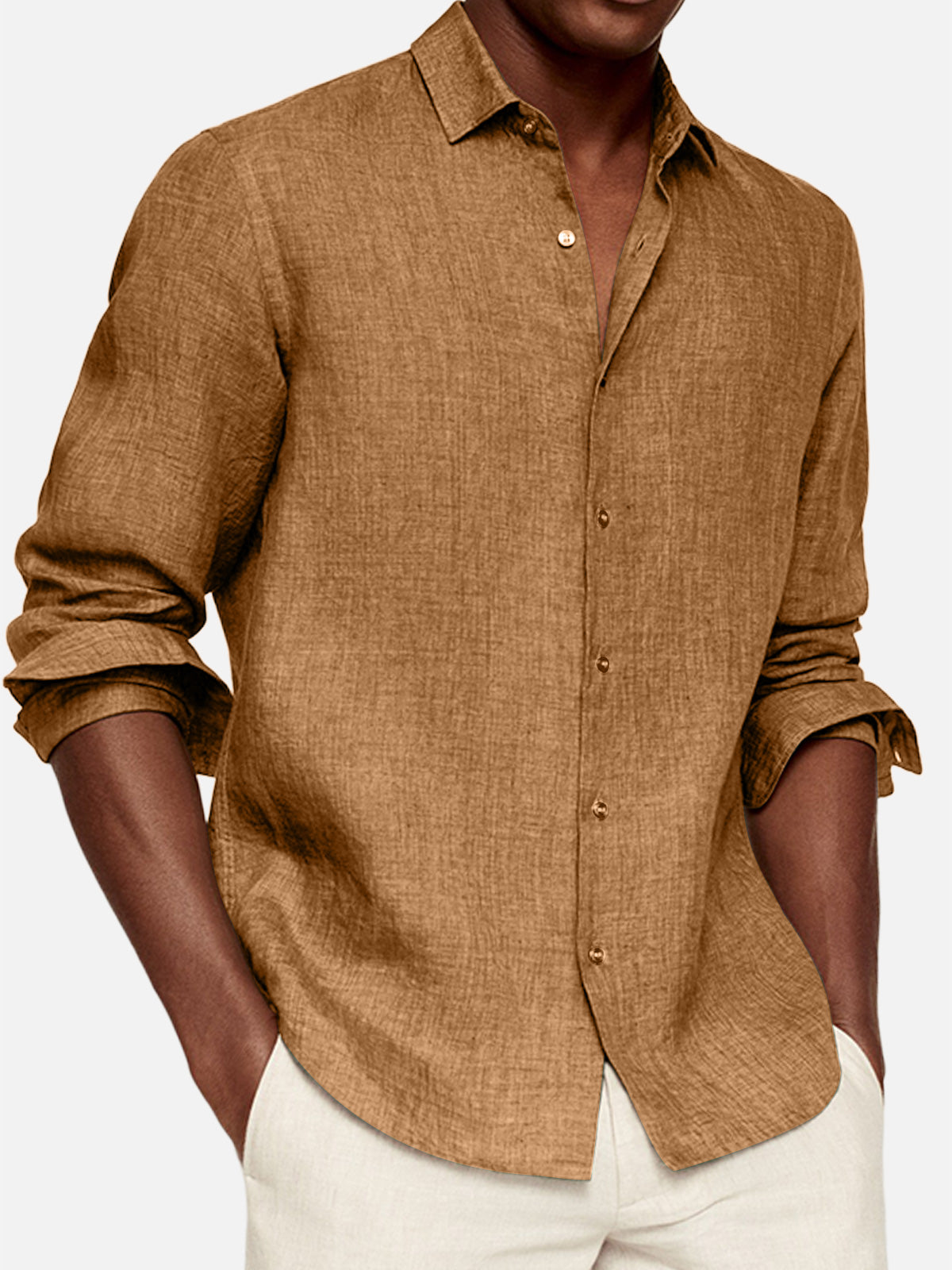 Men's Casual Cotton And Linen Solid Color Lapel Comfortable Long-sleeved Shirt