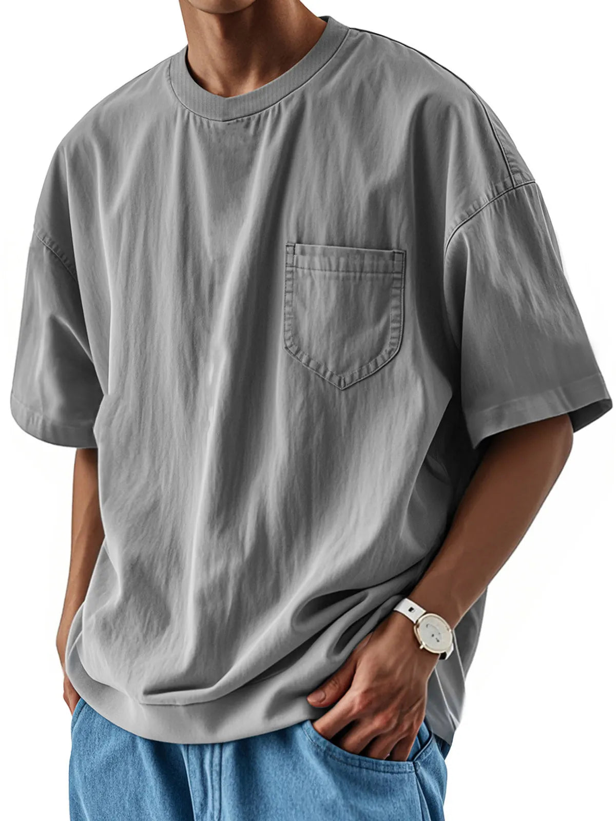 Men's Fashion Casual Retro Shirt Round Neck Pocket Short Sleeve T-Shirt